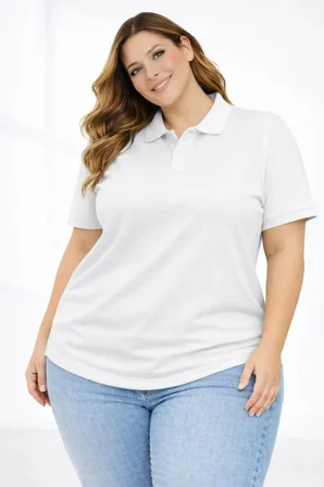 civetta Pike Kumaş Düğmeli Yaka Battal Büyük Beden Günlük Kısa Kol Tişört T-shirt - Beyaz