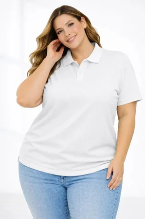 civetta Pike Kumaş Düğmeli Yaka Battal Büyük Beden Günlük Kısa Kol Tişört T-shirt - Beyaz