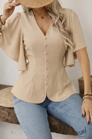 civetta Kadın Kısa Kollu önden Düğmeli Ithal Krep Bluz