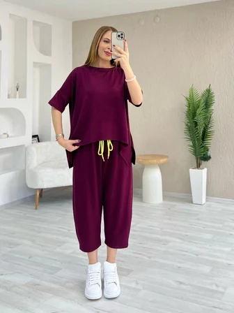 civetta Kadın Kısa Kollu Bisiklet Yaka Viskon Iki Iplik Bluz Ve Pantolon Ikili Takım