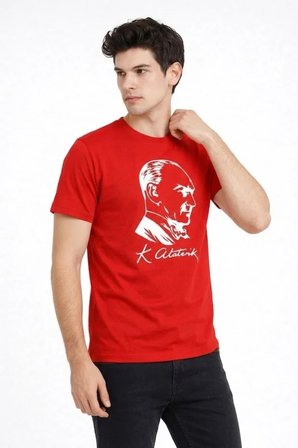 civetta Erkek Atatürk Baskılı Tişört Kısa Kollu Bisiklet Yaka T-Shirt - Kırmızı