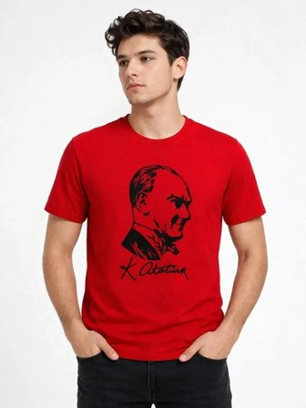 civetta Erkek Atatürk Baskılı Tişört Kısa Kollu Bisiklet Yaka T-Shirt - Kırmızı