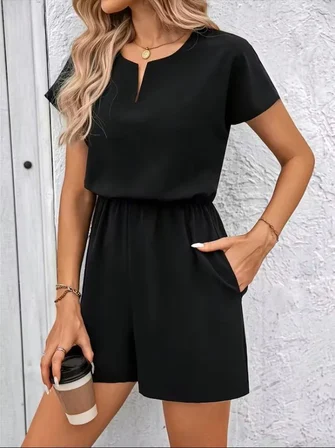 civetta Kadın Kısa Kollu V Yakalı Beli Lastikli Kısa Ithal Krep Tulum