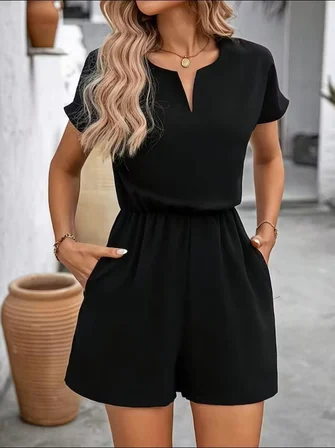 civetta Kadın Kısa Kollu V Yakalı Beli Lastikli Kısa Ithal Krep Tulum