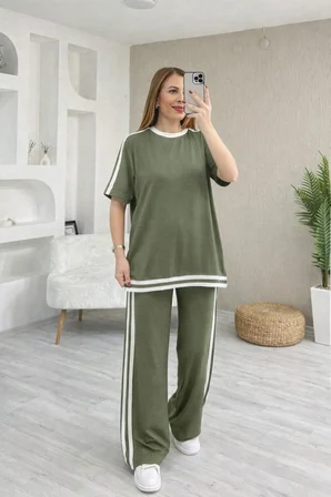 civetta Kadın Kısa Kollu Bisiklet Yaka çift Renk şerit Detaylı Viskon Iki Iplik Bluz Ve Pantolon Ikili Takım