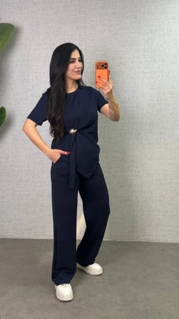 civetta Kadın Kısa Kollu Bisiklet Yaka Yandan Toka Detaylı Viskon Iki Iplik Bluz Ve Pantolon Ikili Takım