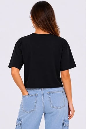 civetta Kedi Baskılı Oversize Crop Tişört Salaş Basic Yarım Kol T-shirt - Siyah