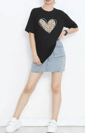 civetta 14 Şubat Sevgililer Günü Leopar Kalp Baskılı Oversize Bisiklet Yaka T-shirt - Siyah