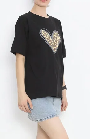 civetta 14 Şubat Sevgililer Günü Leopar Kalp Baskılı Oversize Bisiklet Yaka T-shirt - Siyah