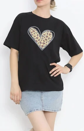 civetta 14 Şubat Sevgililer Günü Leopar Kalp Baskılı Oversize Bisiklet Yaka T-shirt - Siyah