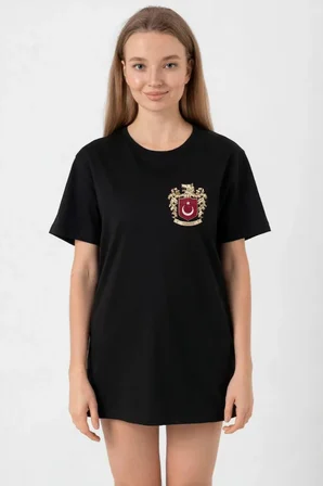 civetta Türk Arma Baskılı Oversize Bisiklet Yaka Günlük T-shirt - Siyah