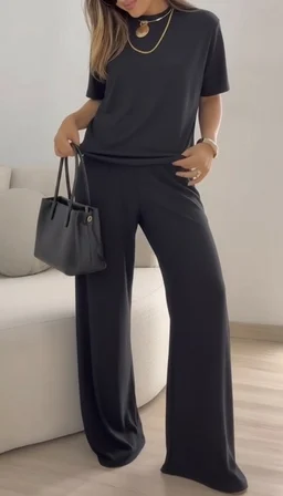 civetta Kadın Kısa Kollu Bisiklet Yaka Viskon Iki Iplik Bluz Ve Pantolon Ikili Takım