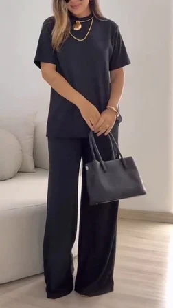 civetta Kadın Kısa Kollu Bisiklet Yaka Viskon Iki Iplik Bluz Ve Pantolon Ikili Takım