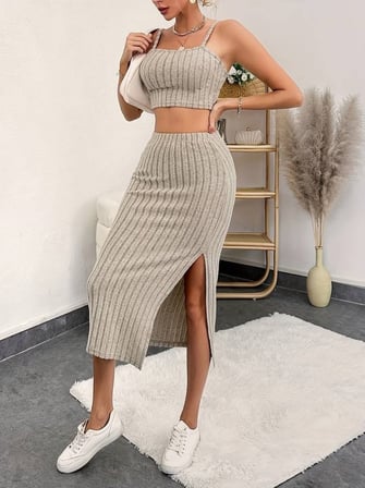 civetta Kadın Kolsuz Askılı Crop Yırtmaçlı Midi Etek Fitilli Kaşkorse Takım