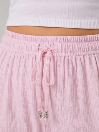 civetta Battal Beden Bürümcük Kumaş Beli Lastikli Bağcıklı Bol Paça Palazzo Pantolon - Pembe