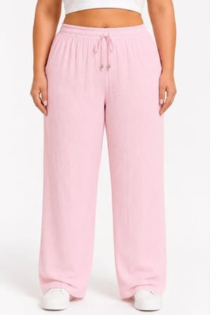 civetta Battal Beden Bürümcük Kumaş Beli Lastikli Bağcıklı Bol Paça Palazzo Pantolon - Pembe