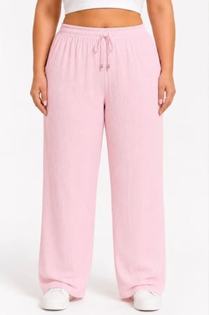 civetta Battal Beden Bürümcük Kumaş Beli Lastikli Bağcıklı Bol Paça Palazzo Pantolon - Pembe