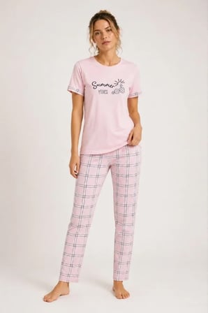 civetta Pamuklu Penye Summer Baskılı Kısa Kollu Pijama Takımı Ekose Desenli - Pembe