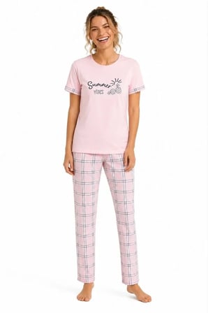 civetta Pamuklu Penye Summer Baskılı Kısa Kollu Pijama Takımı Ekose Desenli - Pembe