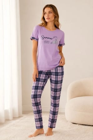 civetta Pamuklu Penye Summer Baskılı Kısa Kollu Pijama Takımı Bisiklet Yaka Ekose Desenli - Lila