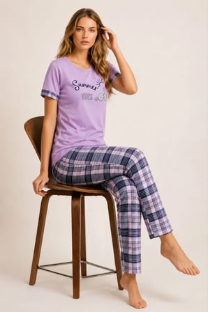 civetta Pamuklu Penye Summer Baskılı Kısa Kollu Pijama Takımı Bisiklet Yaka Ekose Desenli - Lila