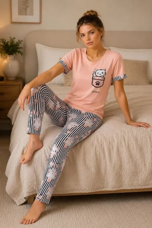 civetta Pamuklu Penye Kedi Baskılı Kısa Kollu Bisiklet Yaka Çizgili Pijama Takımı - Pudra