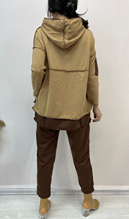 civetta Kadın Kahve Kapşonlu Etek Ucu Detay Arma Ters Dikiş Gorunumlu Ikili Takım