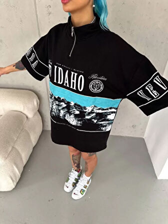 civetta Unisex Baskılı Yarım Fermuarlı T-Shirt - Siyah