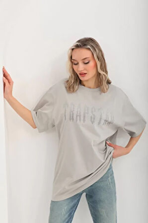 civetta Unisex Taş Desenli Oversize T-Shirt - Gri
