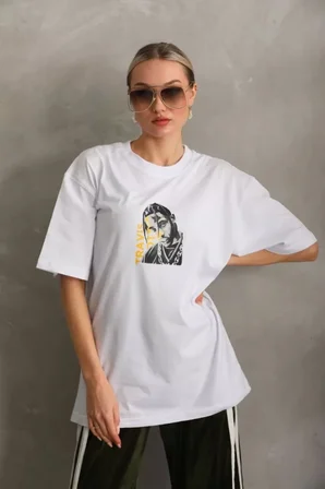 civetta Unisex Baskılı Oversize T-Shirt - Beyaz