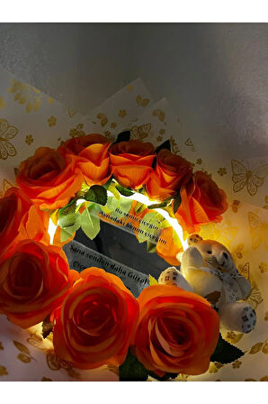 ayıcıklı turuncu güllü aynalı buket