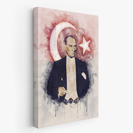 Mustafa Kemal Atatürk ve Türk Bayrağı Suluboya Görünümlü Dekoratif Kanvas Tablo-CY-76