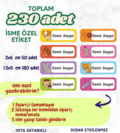 Kişiye Özel 230 Adet Çocuk İsim Etiketleri, Okul Etiketi Kalem Defter Kitap Etiketi CYA328