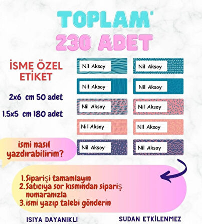 Kişiye Özel 230 Adet Çocuk İsim Etiketleri, Okul Etiketi Kalem Defter Kitap Etiketi CYA332