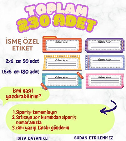 Kişiye Özel 230 Adet Çocuk İsim Etiketleri, Okul Etiketi Kalem Defter Kitap Etiketi CYA329