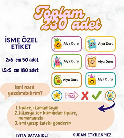 Kişiye Özel 230 Adet Çocuk İsim Etiketleri, Okul Etiketi Kalem Defter Kitap Etiketi CYA342