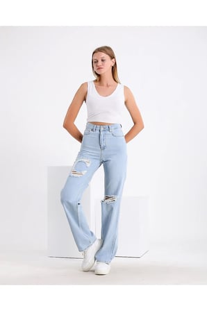 Lenithra Kadın Yüksel Bel Palazzo Geniş Paça Salaş Denim Jean Likrasız Açık Mavi Lazer / 38
