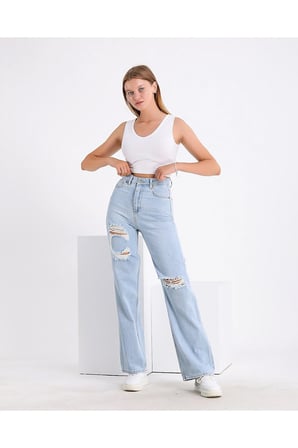Lenithra Kadın Yüksel Bel Palazzo Geniş Paça Salaş Denim Jean Likrasız Açık Mavi Lazer / 42