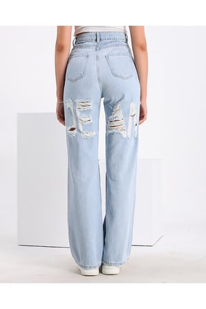 Lenithra Kadın Yüksel Bel Palazzo Geniş Paça Salaş Denim Jean Likrasız Açık Mavi Lazer / 42