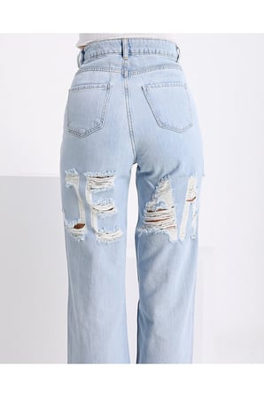 Lenithra Kadın Yüksel Bel Palazzo Geniş Paça Salaş Denim Jean Likrasız Açık Mavi Lazer / 42
