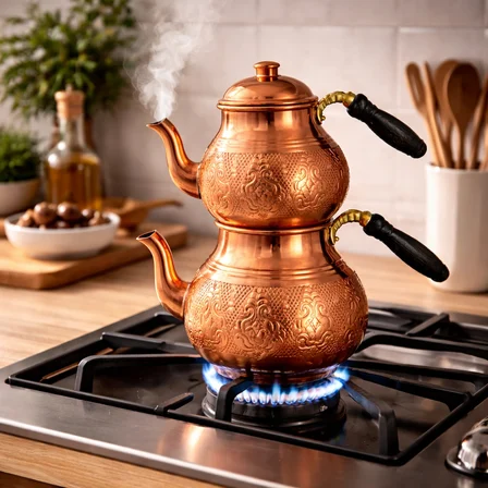 Copper Empire- El Yapımı Büyük Boy Bakır Çaydanlık Takımı 1 L Demlik + 1,8 L Alt Demlik Kalaylı Ahşap Kulplu