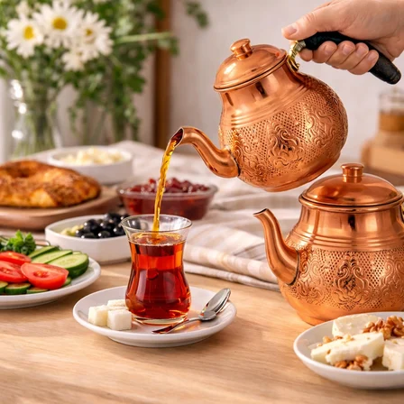 Copper Empire- El Yapımı Büyük Boy Bakır Çaydanlık Takımı 1 L Demlik + 1,8 L Alt Demlik Kalaylı Ahşap Kulplu
