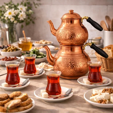 Copper Empire- El Yapımı Büyük Boy Bakır Çaydanlık Takımı 1 L Demlik + 1,8 L Alt Demlik Kalaylı Ahşap Kulplu