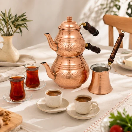 Copper Empire El Yapımı Bakır Çaydanlık ve Cezve Seti Ahşap Saplı 3 Parça