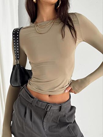 Bej Bisiklet Yaka Bluz Darkalıp Ribana Kumaş Günlük Basic Body