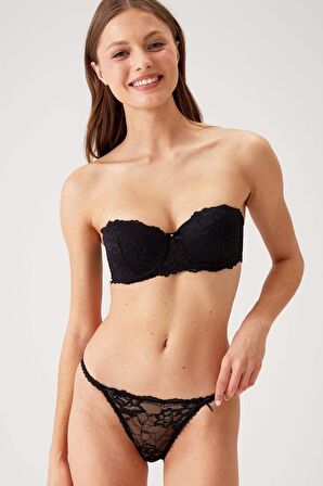 Siyah 4563 Pisa Destekli / Push - Up Straplez Dantelli Sütyen Takimi