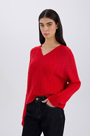 DeFacto Relax Fit V Yaka Saç Örgülü Triko Kırmızı Kazak C9060AX24WNRD56