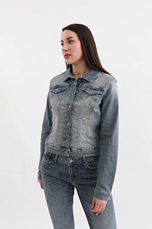 Kadın Düğmeli Likralı Jean Ceket Mavi
