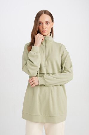 DeFacto Yarım Fermuarlı Dik Yaka Basic Düz Sweatshirt Tunik D1615AX24AUGN497