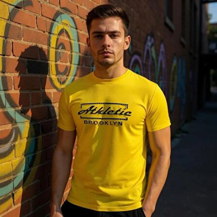 Erkek Sarı Slim Fit Kabartma Baskılı Pamuklu T-Shirt